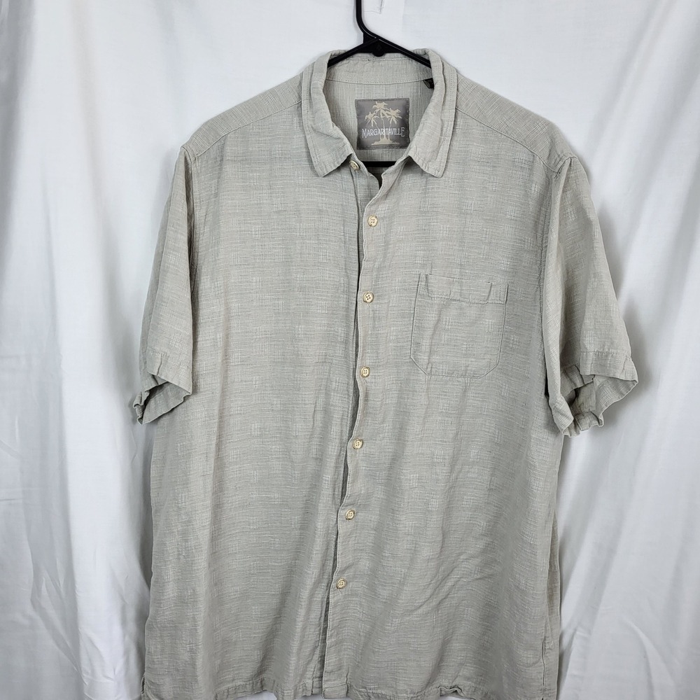 Margaritaville Mens XL‎ Silk Linen Short Sleeve Button Up Shirt Tan Slub Texture